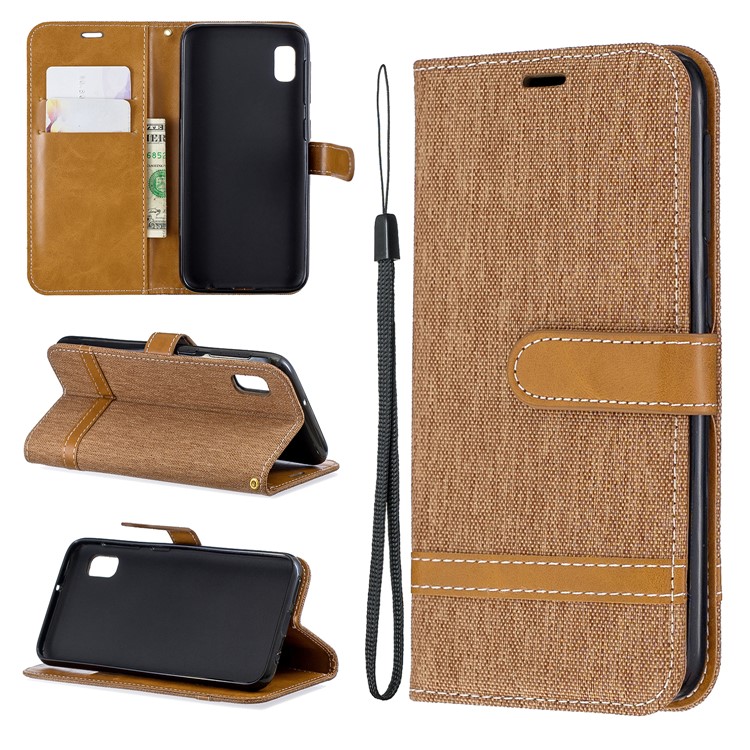 Assorted Color Jeans Cloth Wallet Stand Leather Case for Samsung Galaxy A10e - Brown-1