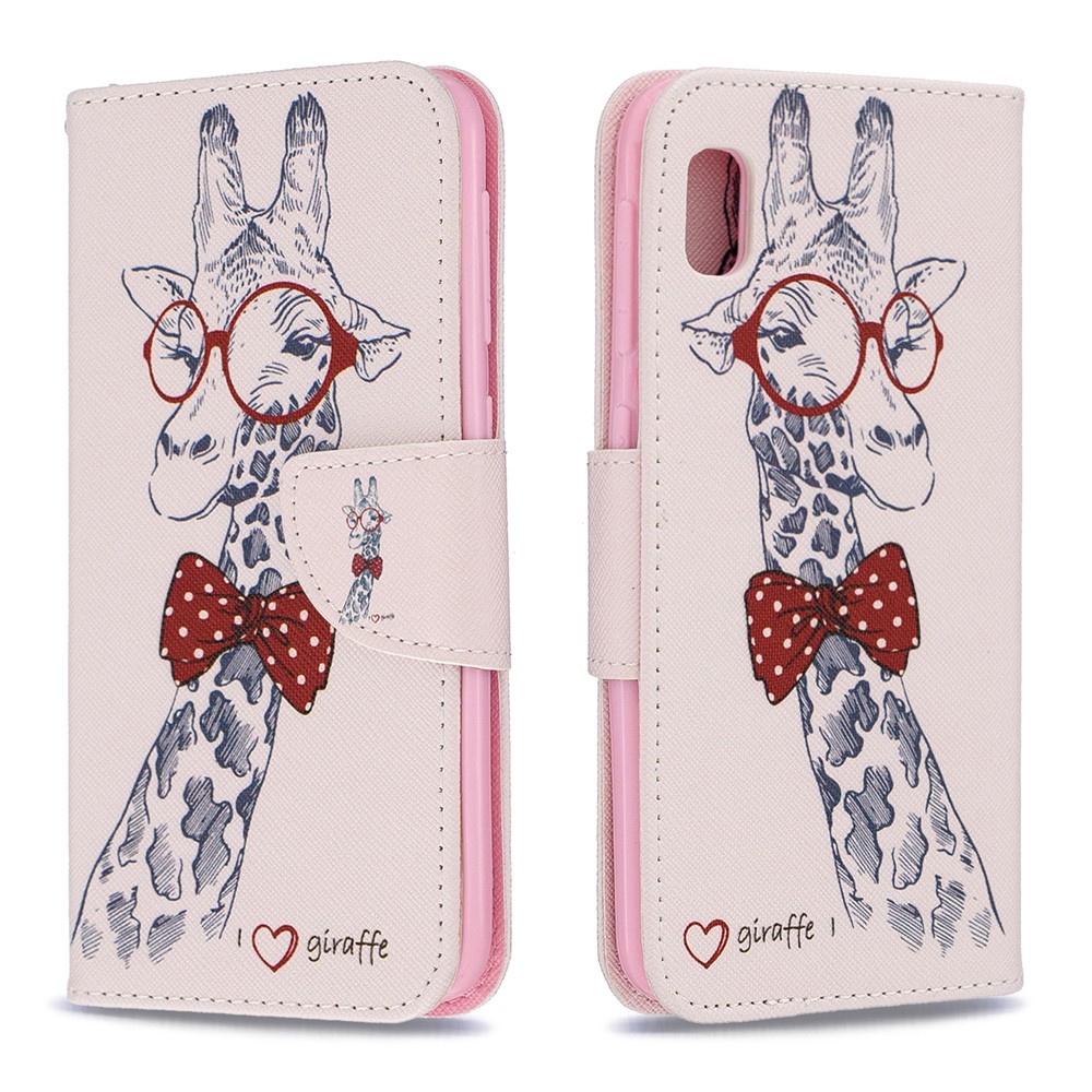 Style D'impression pu Leather Flip Stand Téléphone Pour Samsung Galaxy A10e - Girafe Portant Des Lunettes