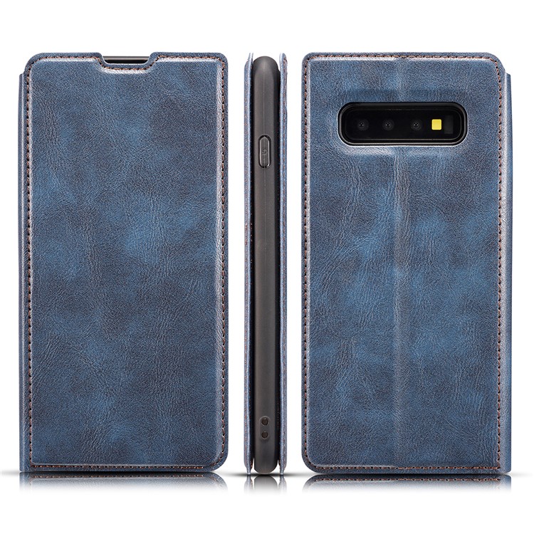 Caso De Cobertura De Telefone De Couro De Estilo Simples Ultra-fino Aleta Para Samsung Galaxy S10 Plus - Azul-1
