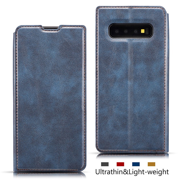 Caso De Cobertura De Telefone De Couro De Estilo Simples Ultra-fino Aleta Para Samsung Galaxy S10 Plus - Azul-2