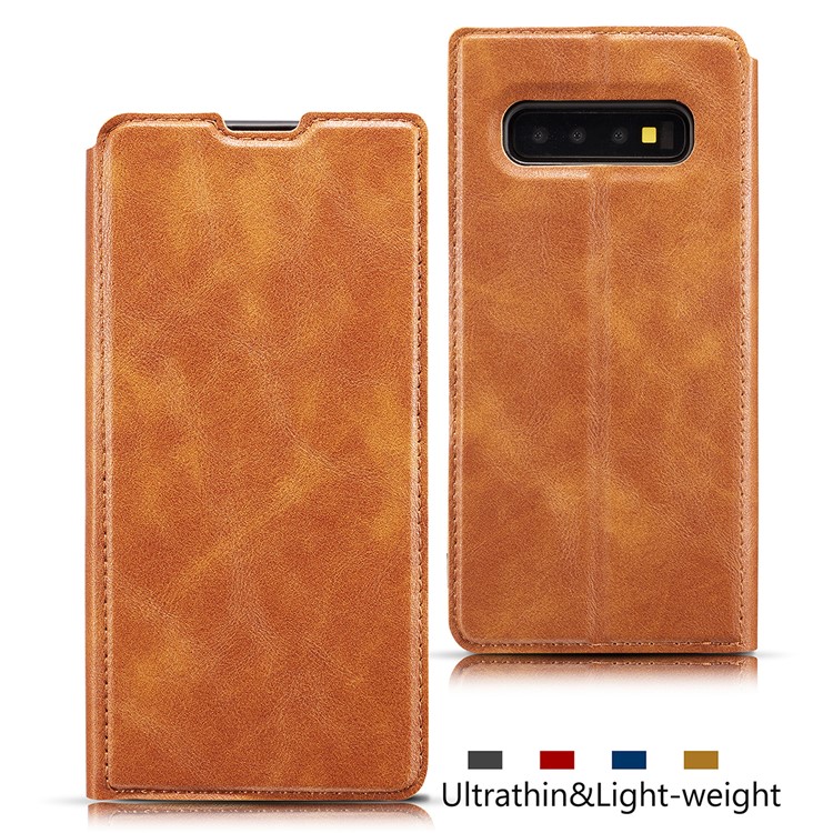 Ultra-thin Simple Style Leather Flip Phone Cover Case for Samsung Galaxy S10 Plus - Brown-2