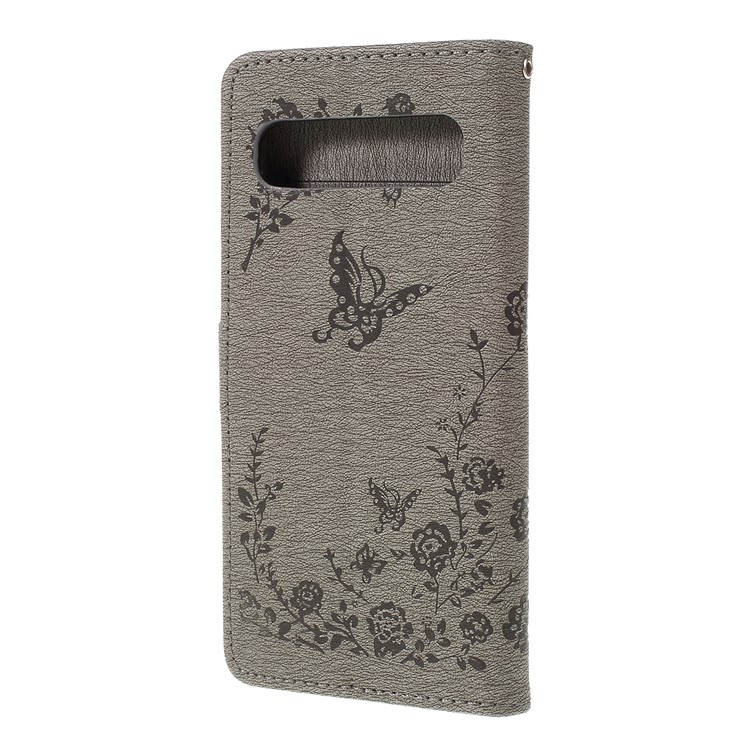 Imprinted Butterfly Flower Pattern Rhinestone Leather Wallet Case for Samsung Galaxy S10 5G - Grey-2