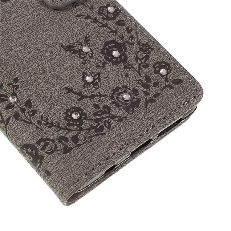 Imprinted Butterfly Flower Pattern Rhinestone Leather Wallet Case for Samsung Galaxy S10 5G - Grey-4