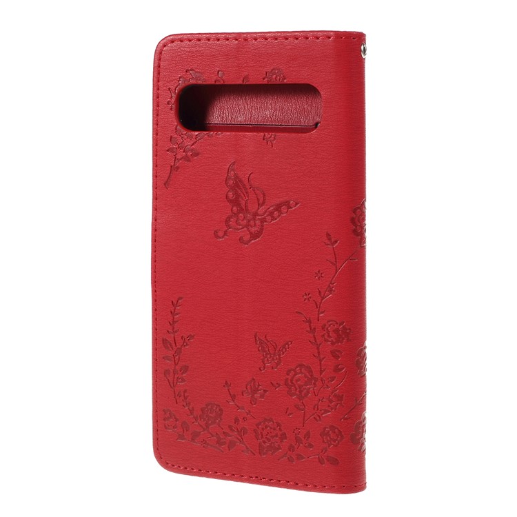 Imprinted Butterfly Flower Pattern Rhinestone Leather Wallet Case for Samsung Galaxy S10 5G - Red-6