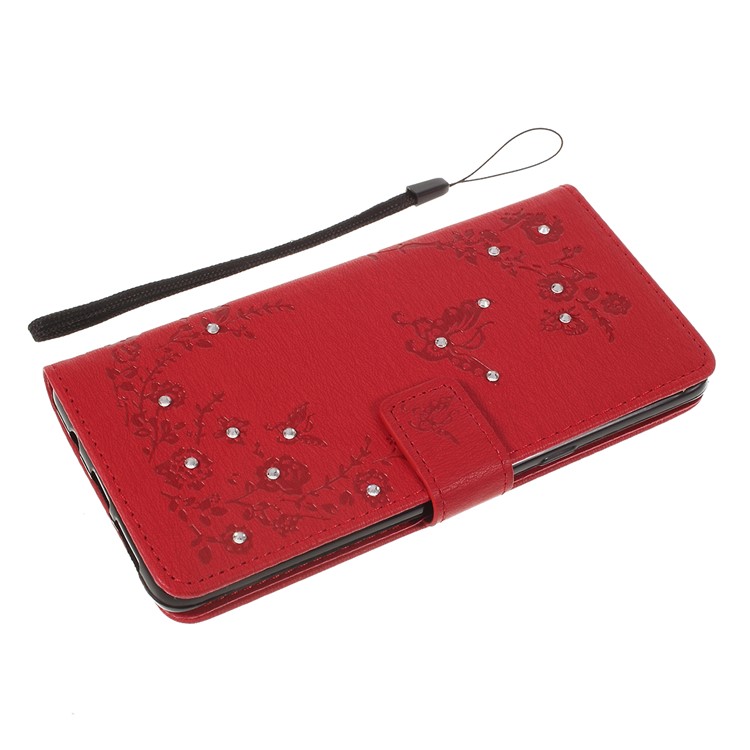 Imprinted Butterfly Flower Pattern Rhinestone Leather Wallet Case for Samsung Galaxy S10 5G - Red-7