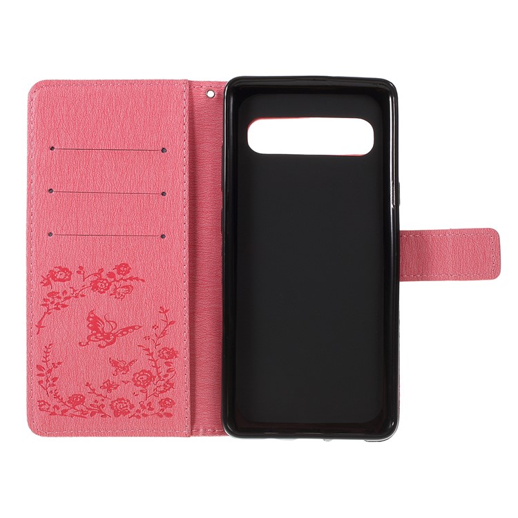Imprinted Butterfly Flower Pattern Rhinestone Leather Wallet Case for Samsung Galaxy S10 5G - Pink-4
