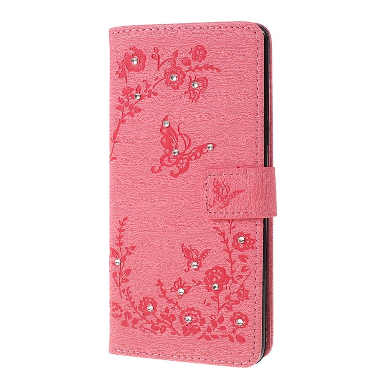 Imprinted Butterfly Flower Pattern Rhinestone Leather Wallet Case for Samsung Galaxy S10 5G - Pink-5