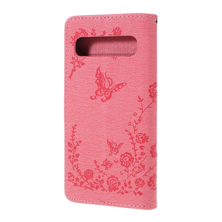Imprinted Butterfly Flower Pattern Rhinestone Leather Wallet Case for Samsung Galaxy S10 5G - Pink-6