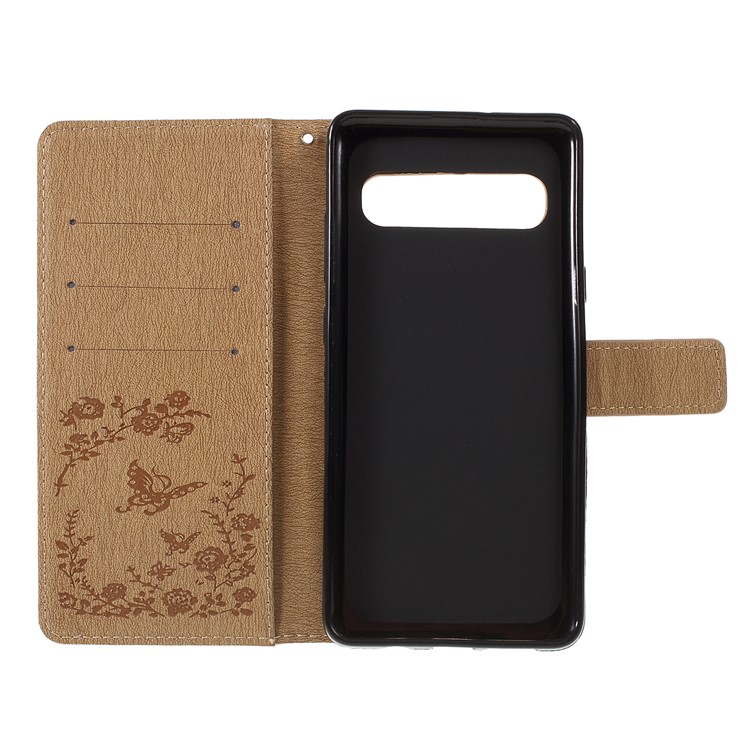 Imprinted Butterfly Flower Pattern Rhinestone Leather Wallet Case for Samsung Galaxy S10 5G - Khaki-4