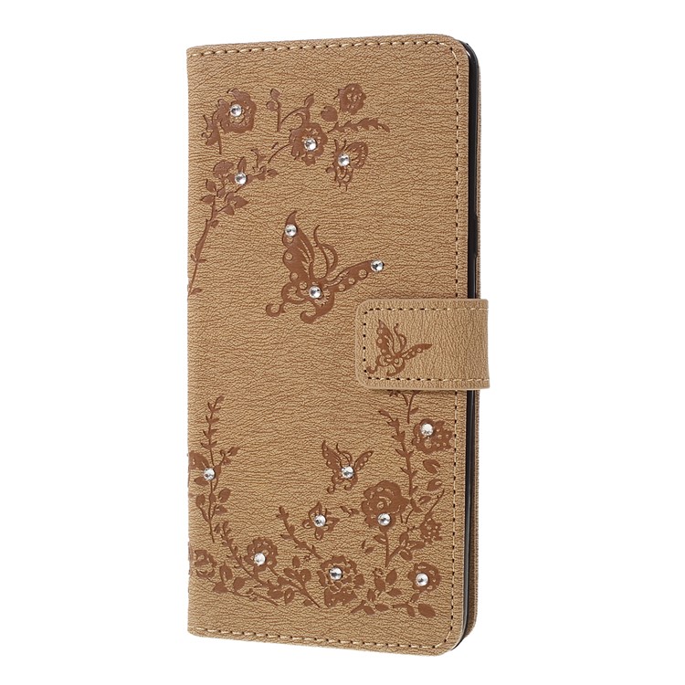 Imprinted Butterfly Flower Pattern Rhinestone Leather Wallet Case for Samsung Galaxy S10 5G - Khaki-5