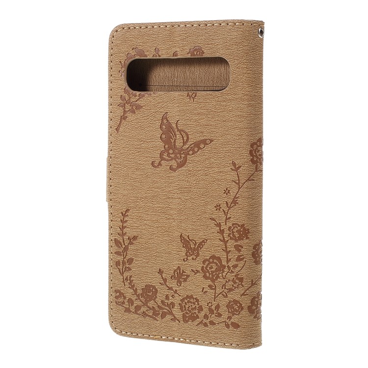 Imprinted Butterfly Flower Pattern Rhinestone Leather Wallet Case for Samsung Galaxy S10 5G - Khaki-6