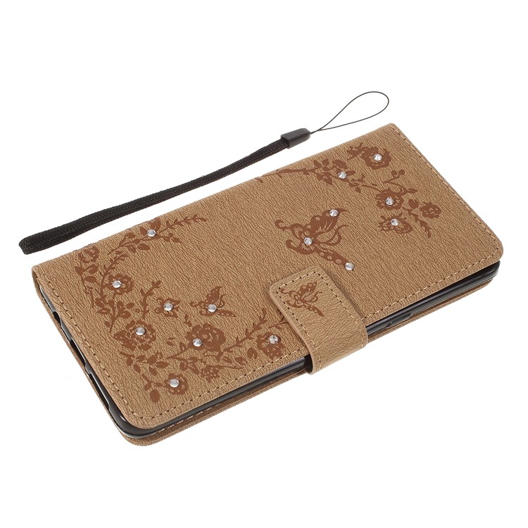 Imprinted Butterfly Flower Pattern Rhinestone Leather Wallet Case for Samsung Galaxy S10 5G - Khaki-7