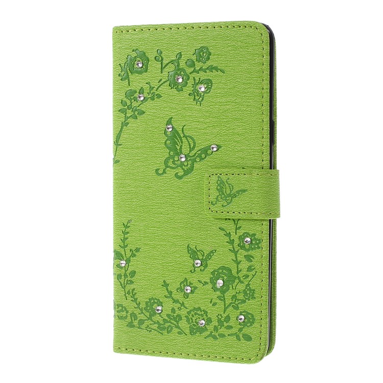 Imprinted Butterfly Flower Pattern Rhinestone Leather Wallet Case for Samsung Galaxy S10 5G - Green-5