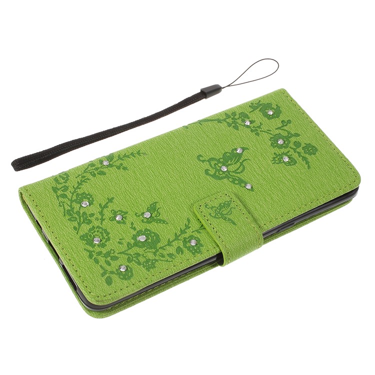 Imprinted Butterfly Flower Pattern Rhinestone Leather Wallet Case for Samsung Galaxy S10 5G - Green-7