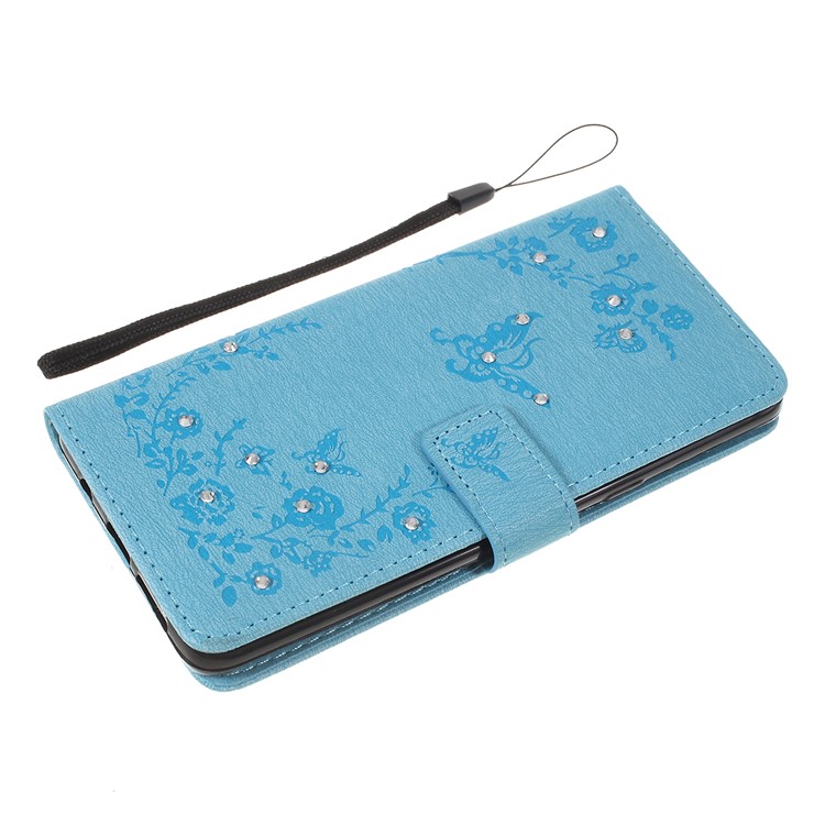 Imprinted Butterfly Flower Pattern Rhinestone Leather Wallet Case for Samsung Galaxy S10 5G - Baby Blue-5