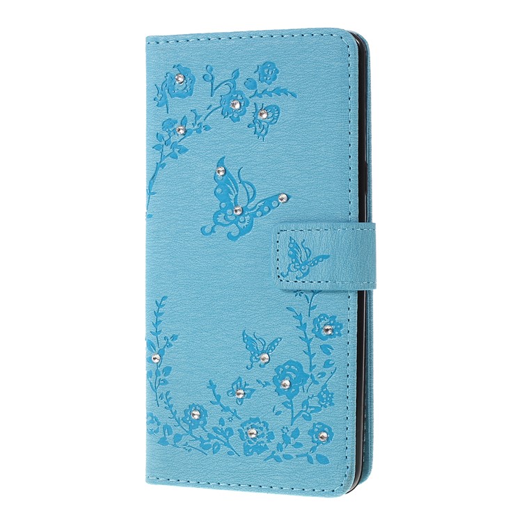 Imprinted Butterfly Flower Pattern Rhinestone Leather Wallet Case for Samsung Galaxy S10 5G - Baby Blue-6