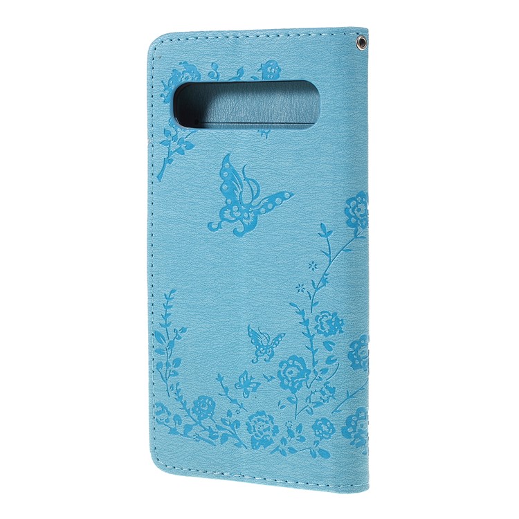 Imprinted Butterfly Flower Pattern Rhinestone Leather Wallet Case for Samsung Galaxy S10 5G - Baby Blue-7