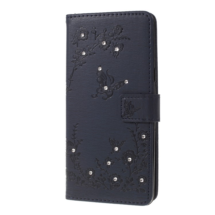 Imprinted Butterfly Flower Pattern Rhinestone Leather Wallet Case for Samsung Galaxy S10 5G - Dark Blue-6