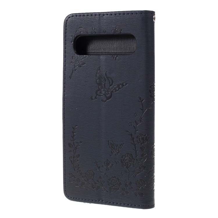 Imprinted Butterfly Flower Pattern Rhinestone Leather Wallet Case for Samsung Galaxy S10 5G - Dark Blue-7