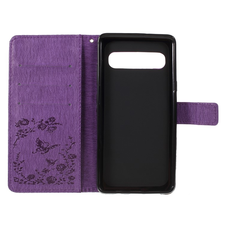 Imprinted Butterfly Flower Pattern Rhinestone Leather Wallet Case for Samsung Galaxy S10 5G - Purple-4