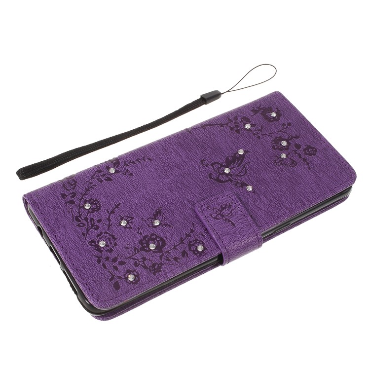 Imprinted Butterfly Flower Pattern Rhinestone Leather Wallet Case for Samsung Galaxy S10 5G - Purple-5