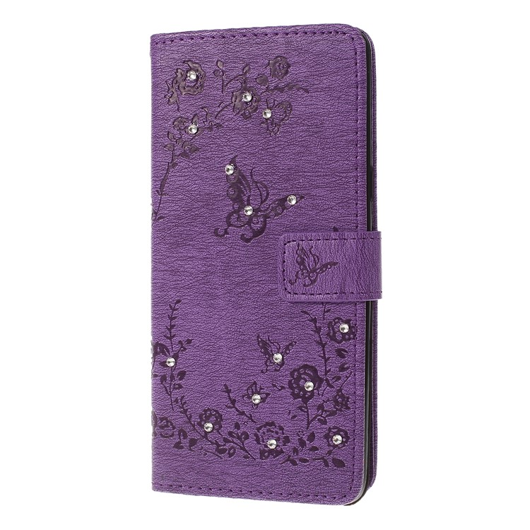 Imprinted Butterfly Flower Pattern Rhinestone Leather Wallet Case for Samsung Galaxy S10 5G - Purple-6