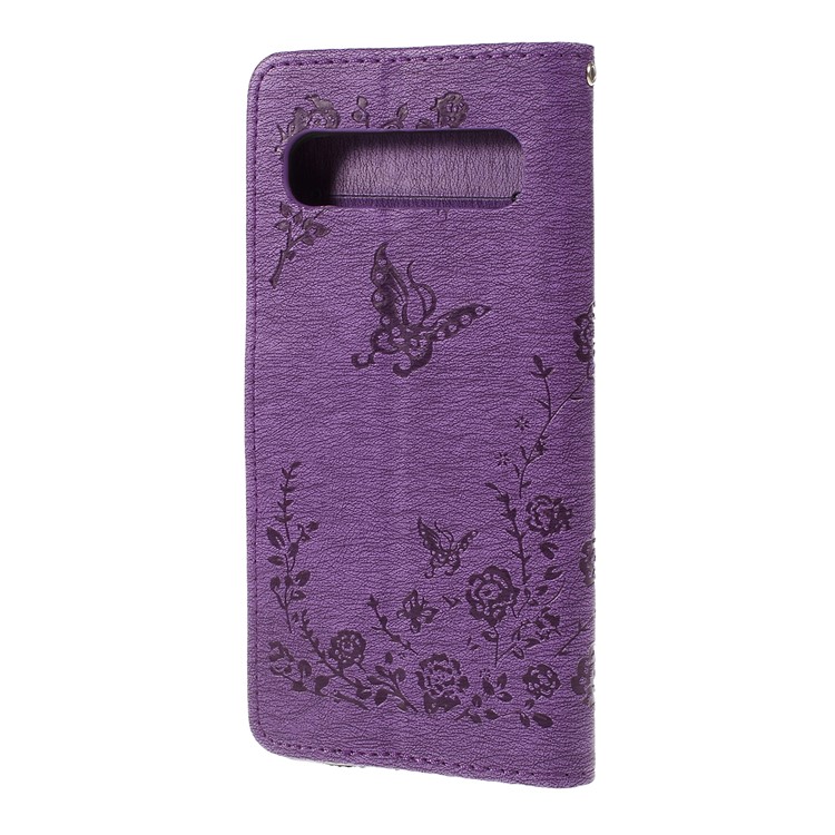 Imprinted Butterfly Flower Pattern Rhinestone Leather Wallet Case for Samsung Galaxy S10 5G - Purple-7