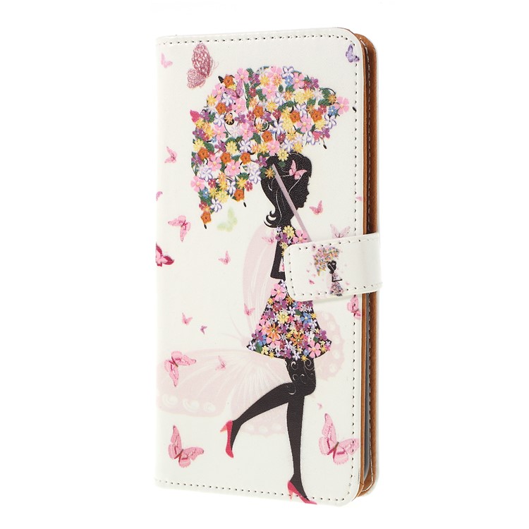 Pattern Printing Leather Wallet Case for Samsung Galaxy A20e - Flowered Girl Holding Umbrella-4