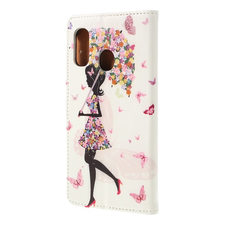 Pattern Printing Leather Wallet Case for Samsung Galaxy A20e - Flowered Girl Holding Umbrella-5