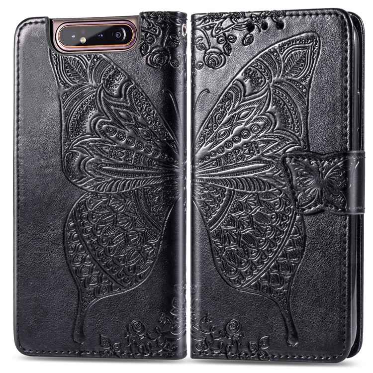 Imprint Butterfly Flower Leather Wallet Case for Samsung Galaxy A80/A90 - Black-1