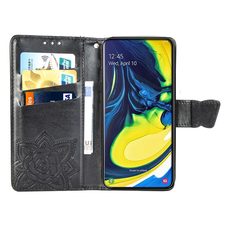 Imprint Butterfly Flower Leather Wallet Case for Samsung Galaxy A80/A90 - Black-4