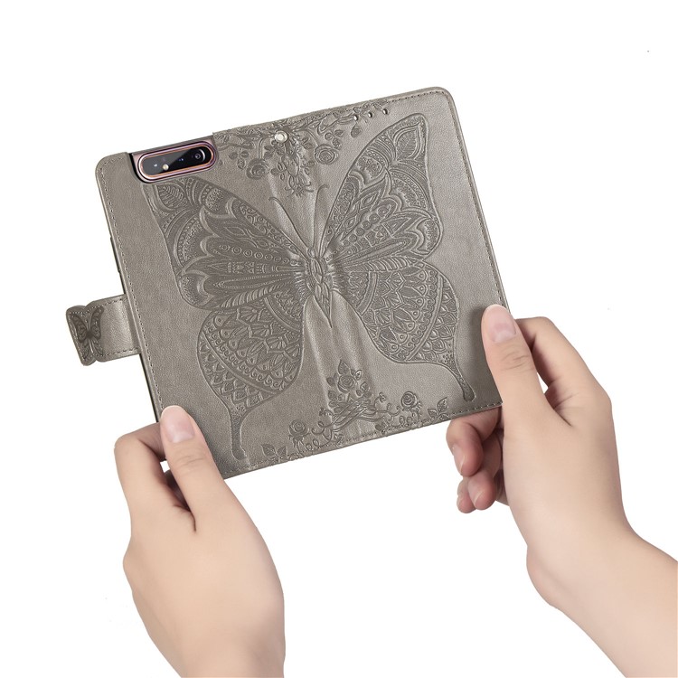 Caixa Da Carteira Do Couro Da Flor De Borboleta Da Impressão Para A Galáxia A80 / A90 De Samsung - Cinzento-10