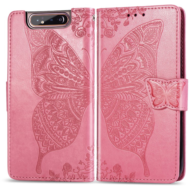 Estuche Monedero Piel Mariposa Flor Para Samsung Galaxy A80 / A90 - Rosado-1