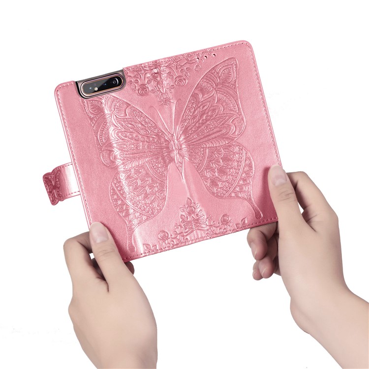 Estuche Monedero Piel Mariposa Flor Para Samsung Galaxy A80 / A90 - Rosado-10