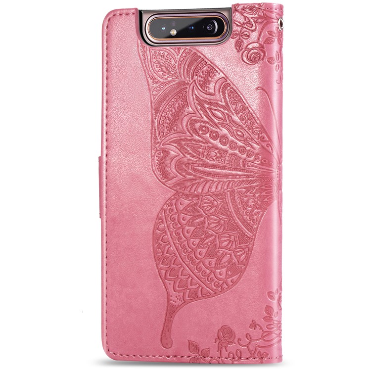 Estuche Monedero Piel Mariposa Flor Para Samsung Galaxy A80 / A90 - Rosado-3