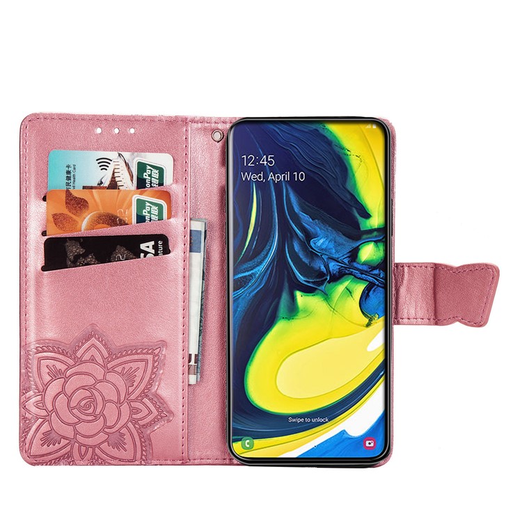 Estuche Monedero Piel Mariposa Flor Para Samsung Galaxy A80 / A90 - Rosado-4