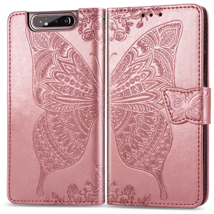 Imprint Butterfly Flower Leather Wallet Case for Samsung Galaxy A80/A90 - Rose Gold-1