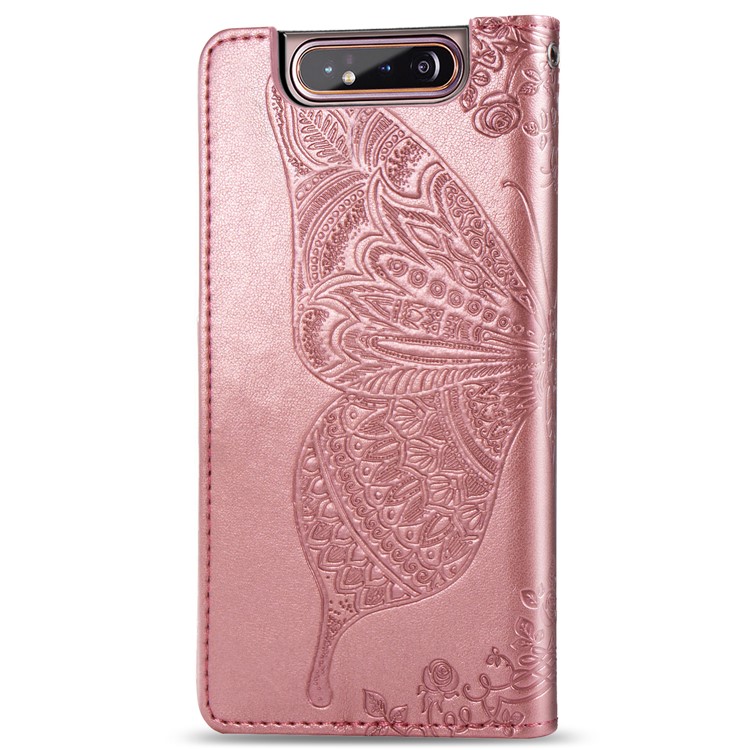 Imprint Butterfly Flower Leather Wallet Case for Samsung Galaxy A80/A90 - Rose Gold-3