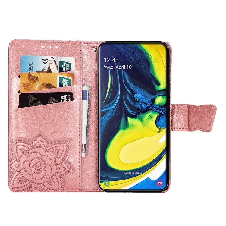 Imprint Butterfly Flower Leather Wallet Case for Samsung Galaxy A80/A90 - Rose Gold-4