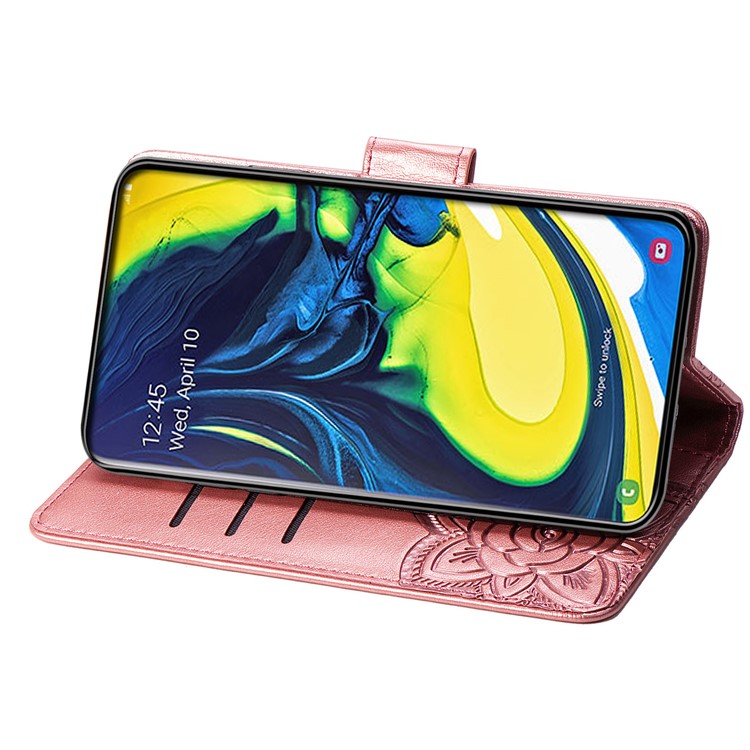 Imprint Butterfly Flower Leather Wallet Case for Samsung Galaxy A80/A90 - Rose Gold-5