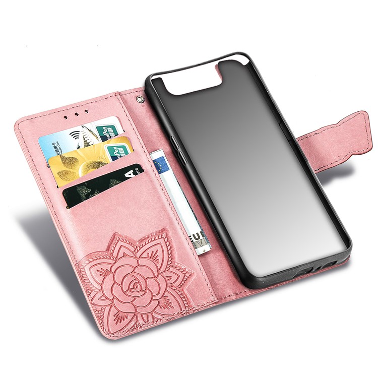 Imprint Butterfly Flower Leather Wallet Case for Samsung Galaxy A80/A90 - Rose Gold-7