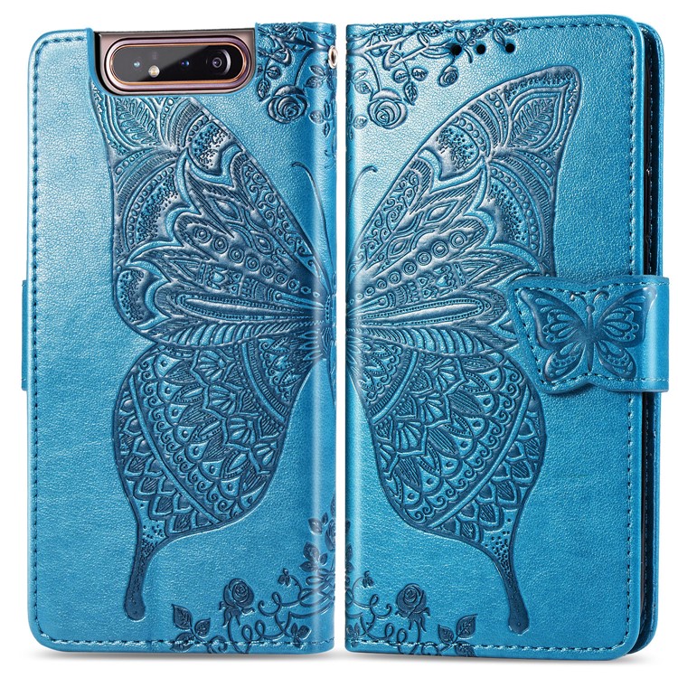Imprint Butterfly Flower Leather Wallet Case for Samsung Galaxy A80/A90 - Blue-1
