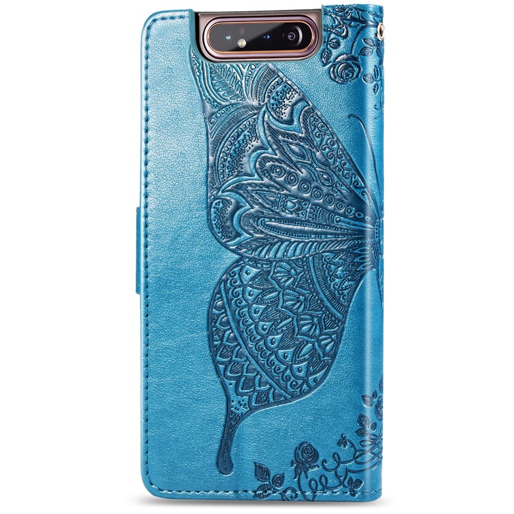 Imprint Butterfly Flower Leather Wallet Case for Samsung Galaxy A80/A90 - Blue-3