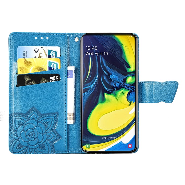 Imprint Butterfly Flower Leather Wallet Case for Samsung Galaxy A80/A90 - Blue-4