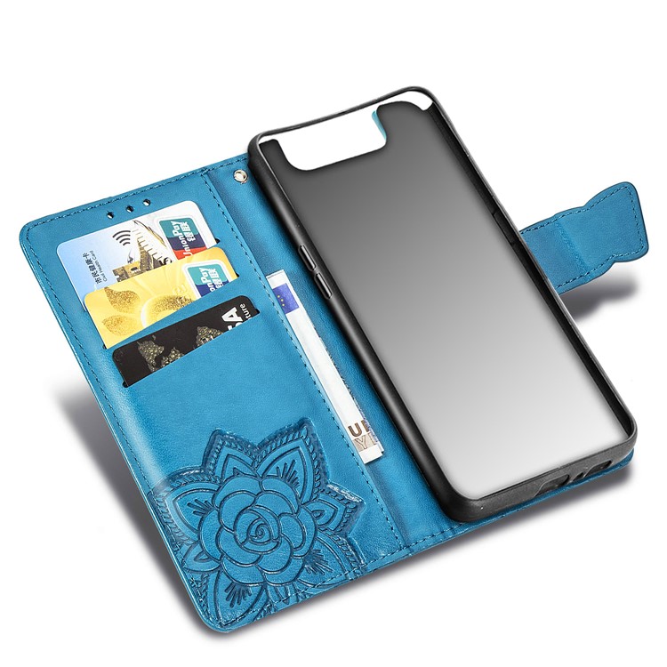 Imprint Butterfly Flower Leather Wallet Case for Samsung Galaxy A80/A90 - Blue-7