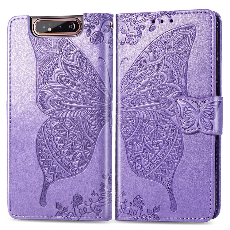 Imprint Butterfly Flower Leather Wallet Case for Samsung Galaxy A80/A90 - Light Purple-1