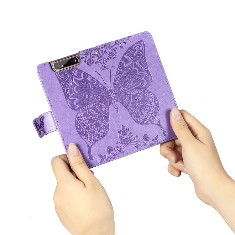 Imprint Butterfly Flower Leather Wallet Case for Samsung Galaxy A80/A90 - Light Purple-10