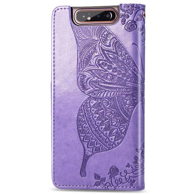 Imprint Butterfly Flower Leather Wallet Case for Samsung Galaxy A80/A90 - Light Purple-3