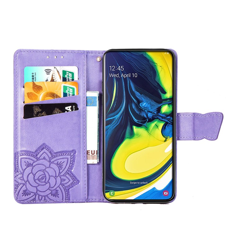 Imprint Butterfly Flower Leather Wallet Case for Samsung Galaxy A80/A90 - Light Purple-4