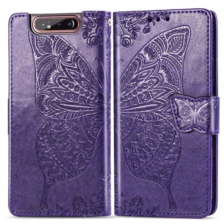 Imprint Butterfly Flower Leather Wallet Case for Samsung Galaxy A80/A90 - Dark Purple-1